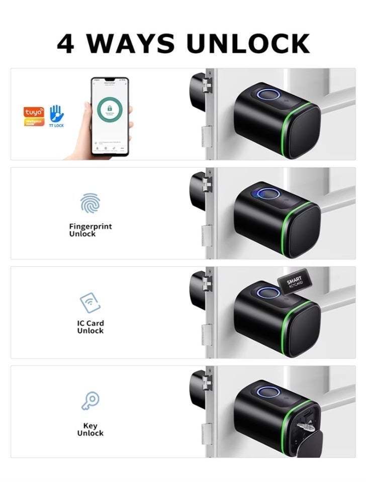 WALALLA 4 in 1 Smart Door Lock (Fingerprint + Swipe Card + Key + Bluetooth) Supports up to 100 Fingerprints, Remote Unlock via App, 2-Rfid Smart Cards Included, 60mm Cylinder (Black) - Image 5